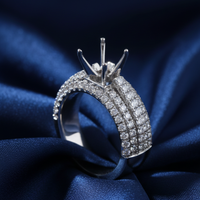 14K White Gold Wide Pavé Diamond Semi-Mount Engagement Ring on midnight blue silk backdrop editorial marketing image