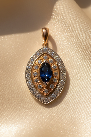 14K White & Rose Gold Marquise Sapphire & Diamond Double Halo Pendant – Front View