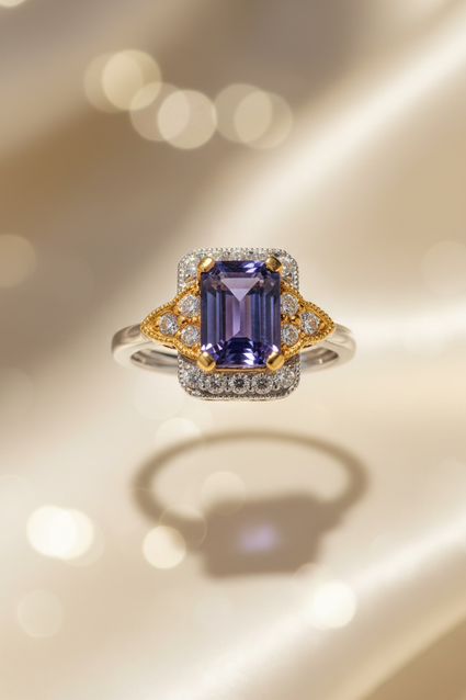 14K two-tone gold 1.04ct tanzanite and .24ctw diamond halo ring, elevated view
