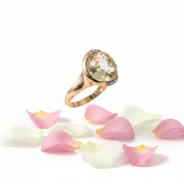 14K Yellow Gold Round Lime Quartz Diamond Ring