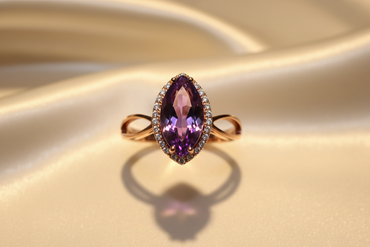14K Rose Gold Marquise Amethyst and Diamond Halo Ring - front view