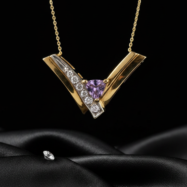 14K Yellow Gold Trillion Amethyst Diamond Chevron Necklace - Front Close-Up