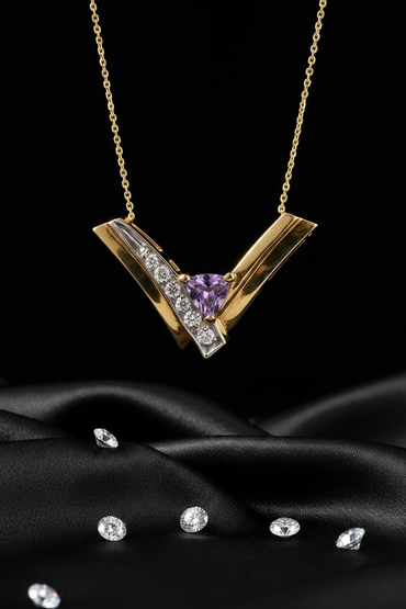 14K Yellow Gold Trillion Amethyst Diamond Chevron Necklace - Front Close-Up