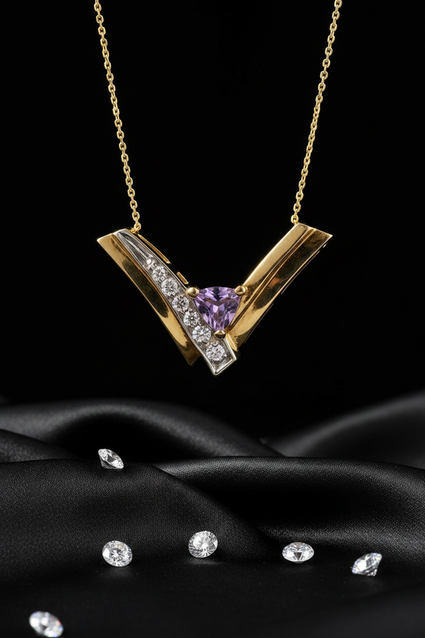14K Yellow Gold Trillion Amethyst Diamond Chevron Necklace - Front Close-Up