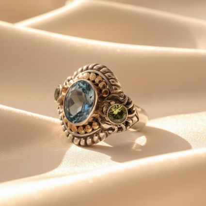 Sterling Silver 18K Yellow Gold Blue Topaz and Peridot Ring - editorial three-quarter