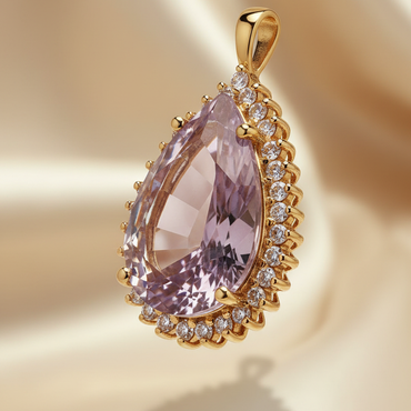 14K yellow gold .30ctw diamond 14x8mm pear-cut amethyst starburst halo pendant, elevated side view