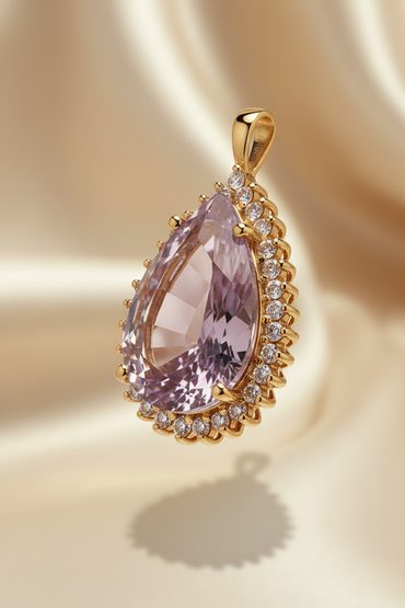 14K yellow gold .30ctw diamond 14x8mm pear-cut amethyst starburst halo pendant, elevated side view