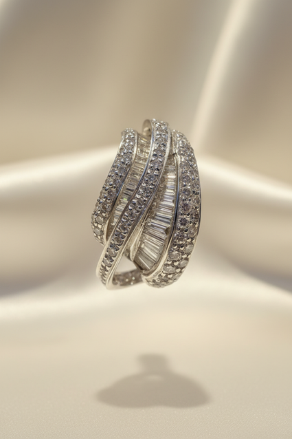18K white gold diamond swirl bypass slide pendant front view