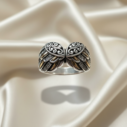Sterling Silver Angel Wing CZ Ring — front view