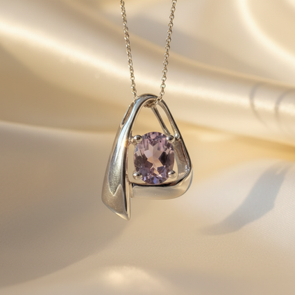 14K White Gold Oval Amethyst Pendant with Asymmetric Bail - Front View