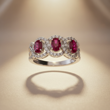 14K White Gold Three-Stone Oval Ruby & Diamond Halo Ring - Angle View