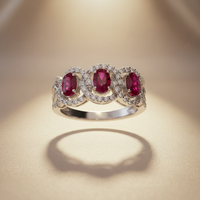 14K White Gold Three-Stone Oval Ruby & Diamond Halo Ring - Angle View