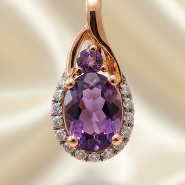 14K Rose Gold Oval Amethyst & Diamond Halo Pendant - front view