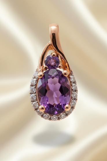 14K Rose Gold Oval Amethyst & Diamond Halo Pendant - front view