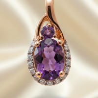14K Rose Gold Oval Amethyst & Diamond Halo Pendant - front view