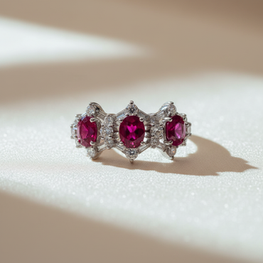 18K White Gold Three-Stone Ruby Diamond Ring - front editorial
