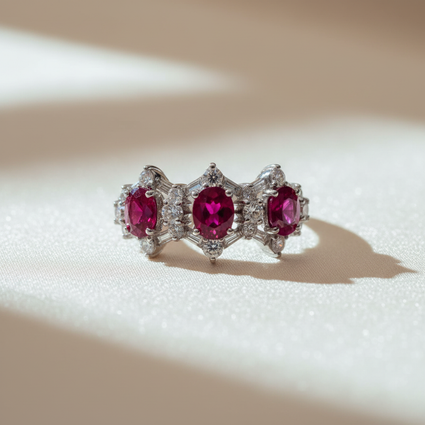 18K White Gold Three-Stone Ruby Diamond Ring - front editorial