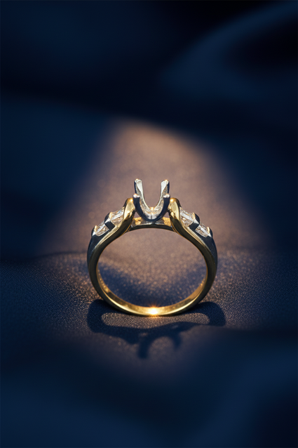 14K Two-Tone Princess Cut Diamond Semi-Mount Engagement Ring on midnight blue silk backdrop editorial marketing image