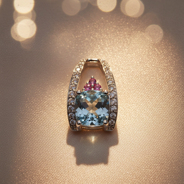 14K White Gold Aquamarine Pink Sapphire & Diamond Pendant - editorial top down
