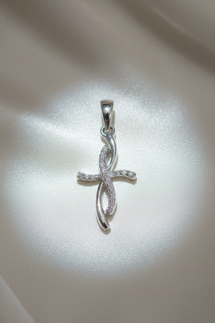 10K White Gold 1/20ctw Diamond Ribbon Twist Cross Pendant - angle 1