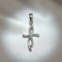 10K White Gold 1/20ctw Diamond Ribbon Twist Cross Pendant - angle 1