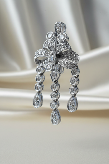 14K white gold Art Deco diamond chandelier pendant - editorial left angle