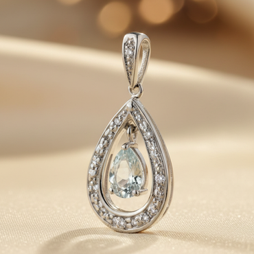 10K White Gold Pear Aquamarine Floating Teardrop Diamond Pendant - editorial three-quarter