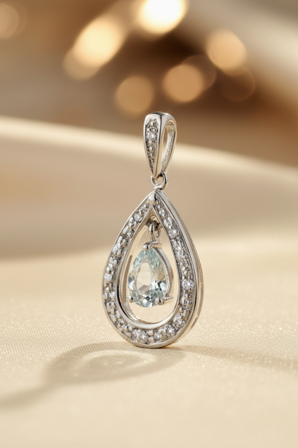 10K White Gold Pear Aquamarine Floating Teardrop Diamond Pendant - editorial three-quarter