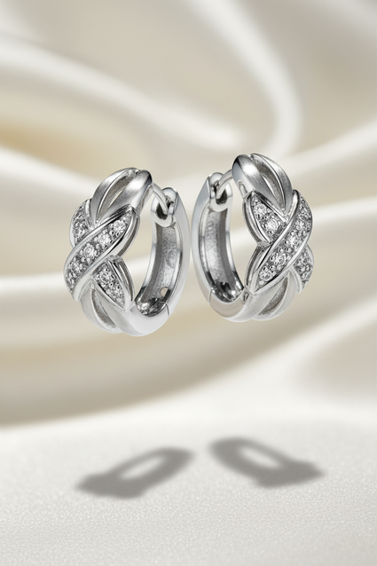 14K White Gold Brushed X Diamond Hoop Earrings – Three-Quarter View