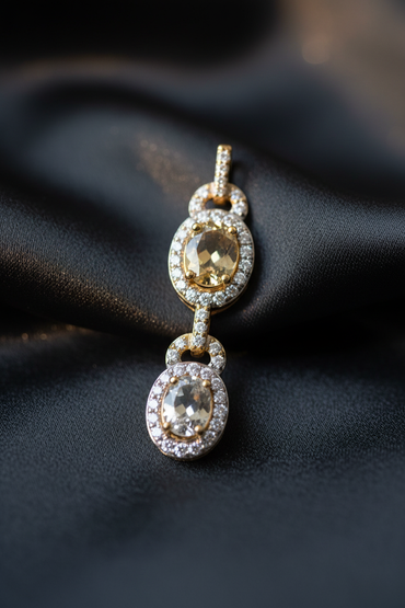 14K Yellow Gold Olive Quartz White Topaz Diamond Halo Double Drop Pendant – Connection Detail