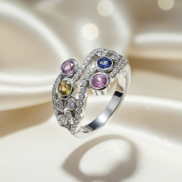 14K White Gold Multi-Sapphire Bubble Bezel Diamond Ring — Three-Quarter View
