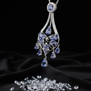 14K White Gold Tanzanite Diamond Chandelier Necklace - Three-Quarter Angle
