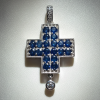 14K white gold blue sapphire and diamond cross pendant, front view