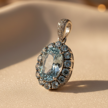 14K White Gold Oval Aquamarine Halo & Diamond Pendant - editorial three-quarter