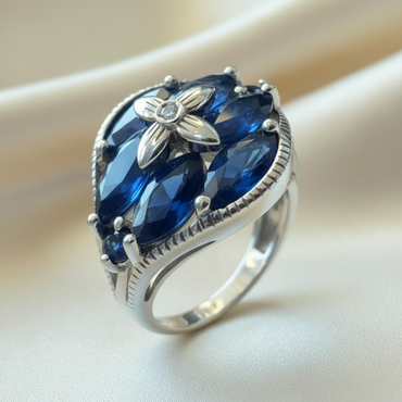 14K White Gold Pear-Cut Blue Sapphire Fan Cluster Shield Ring - Three-Quarter Cool Tone