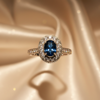 14K White Gold Blue Sapphire & Diamond Halo Ring - Top View
