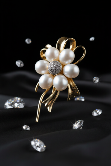 Yellow gold freshwater pearl flower pendant - three-quarter with stem