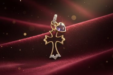 14K Yellow Gold Diamond & Amethyst Heart Cross Pendant