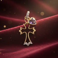 14K Yellow Gold Diamond & Amethyst Heart Cross Pendant