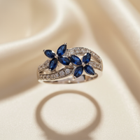 14K White Gold Double Marquise Blue Sapphire Flower Ring with Diamond Pavé Bypass Shank - Top Down View