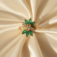 14K Yellow Gold Marquise Emerald & Diamond Floral Cluster Ring - marketing image 6