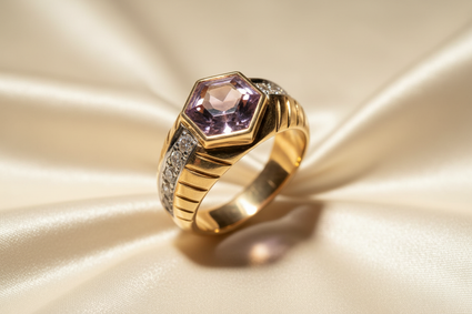 14K Yellow Gold Hexagonal Amethyst and Diamond Ring - three quarter view