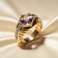 14K Yellow Gold Hexagonal Amethyst and Diamond Ring - three quarter view