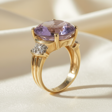 14K Yellow Gold Oval Amethyst Pavé Diamond Fluted Band Ring — Side View