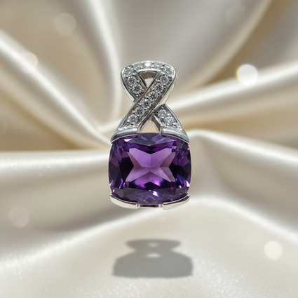 18K White Gold Cushion-Cut Amethyst Pendant with Diamond Infinity Twist Bail - Straight On