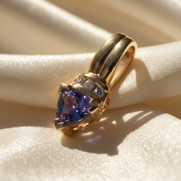 14K Yellow Gold Tanzanite Trillion & Diamond Pendant - Macro View