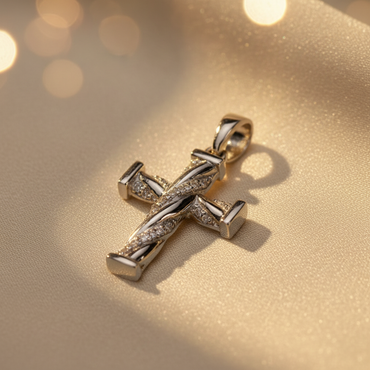 14K white gold diamond cross pendant with twisted rope design and pavé diamonds, angle 1