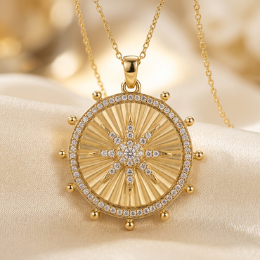 DOV 18K yellow gold Sunshine Pendant with included chain, front view