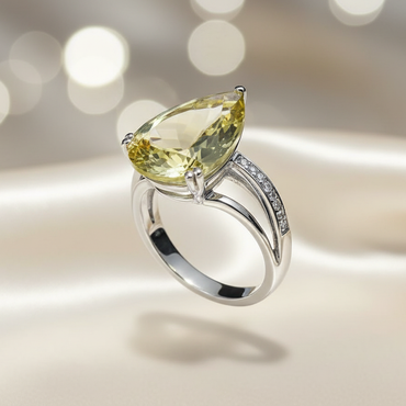 14K White Gold Pear Lemon Citrine and Diamond Ring - three quarter view