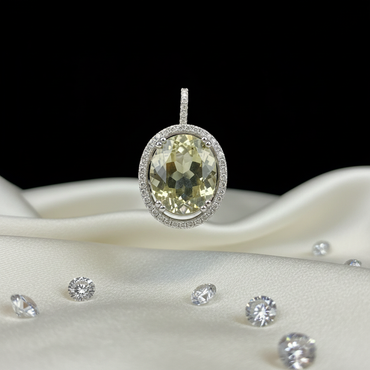 White Gold Oval Lemon Quartz & Diamond Halo Pendant